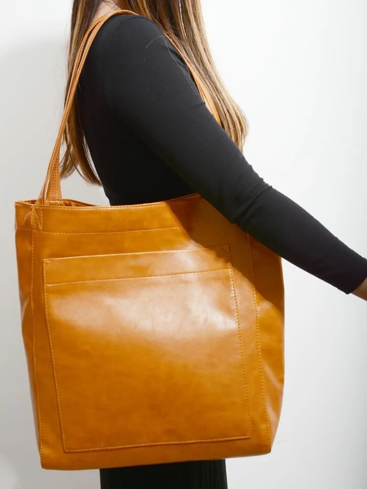 Women's Soft Vegan Leather Shoulder Bag Retro Large Tote Handbag Casual Bucket Top Handle Purse
