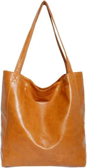 Women's Soft Vegan Leather Shoulder Bag Retro Large Tote Handbag Casual Bucket Top Handle Purse