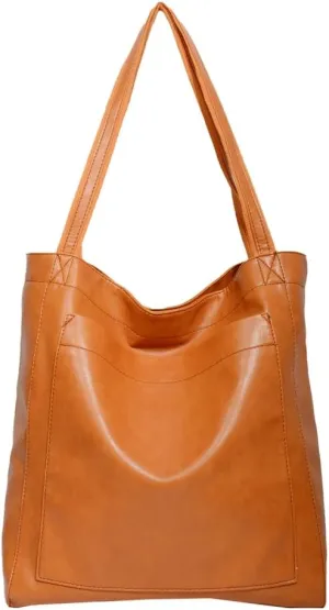 Women's Soft Vegan Leather Shoulder Bag Retro Large Tote Handbag Casual Bucket Top Handle Purse