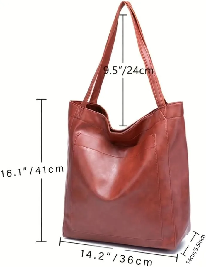 Women's Soft Vegan Leather Shoulder Bag Retro Large Tote Handbag Casual Bucket Top Handle Purse
