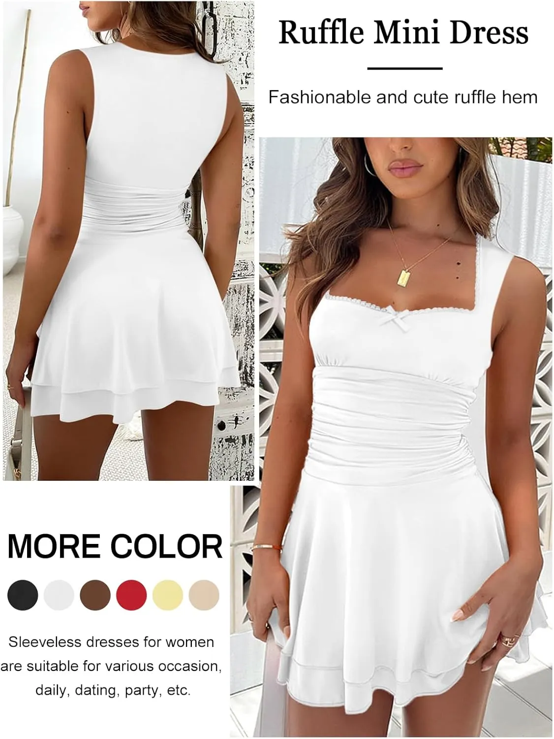 Women's Square Neck Ruffle Mini Dresses Ruched Waist Slim Sleeveless Corset Dress for Women Summer Short Party Dress