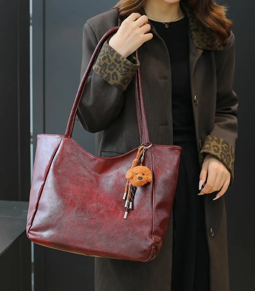 Womens Tote Bags Vintage Top Handle Satchel Handbags Vegan Leather Tote Bag with Cute Pendant Shoulder Purse