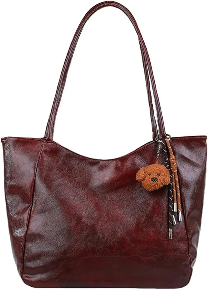 Womens Tote Bags Vintage Top Handle Satchel Handbags Vegan Leather Tote Bag with Cute Pendant Shoulder Purse