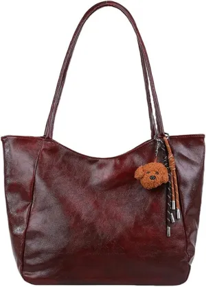 Womens Tote Bags Vintage Top Handle Satchel Handbags Vegan Leather Tote Bag with Cute Pendant Shoulder Purse