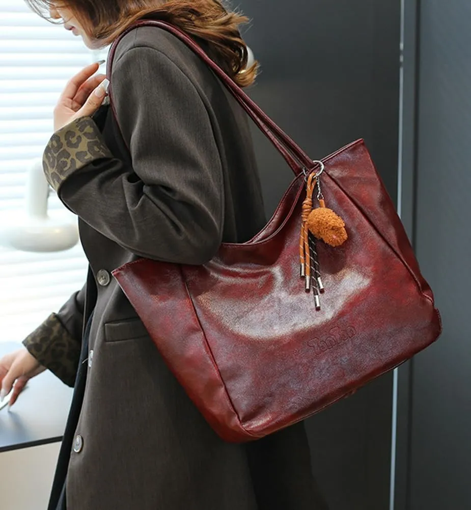 Womens Tote Bags Vintage Top Handle Satchel Handbags Vegan Leather Tote Bag with Cute Pendant Shoulder Purse