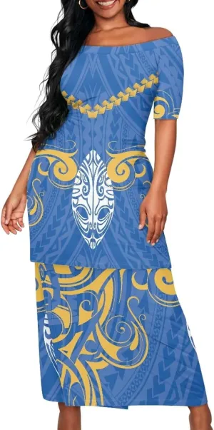 Women's Two Pieces Outfits Polynesian Puletasi Samoan Off Shoulder Crop Top and Maxi Skirt Set