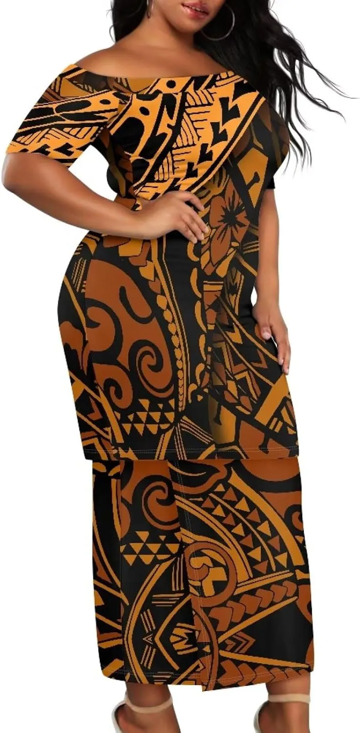Women's Two Pieces Outfits Polynesian Puletasi Samoan Off Shoulder Crop Top and Maxi Skirt Set
