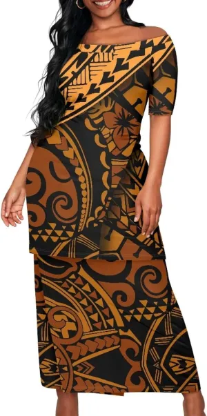 Women's Two Pieces Outfits Polynesian Puletasi Samoan Off Shoulder Crop Top and Maxi Skirt Set