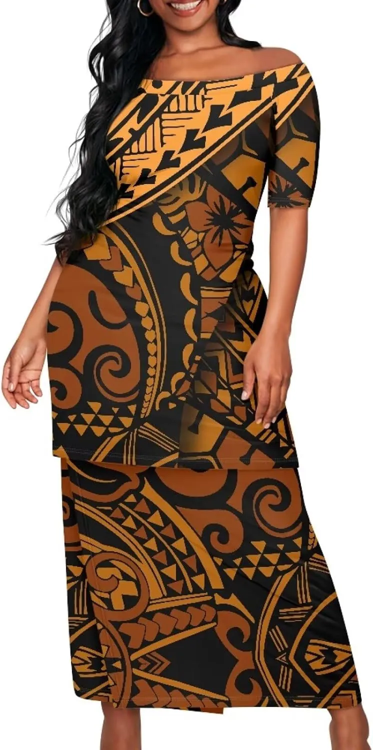 Women's Two Pieces Outfits Polynesian Puletasi Samoan Off Shoulder Crop Top and Maxi Skirt Set