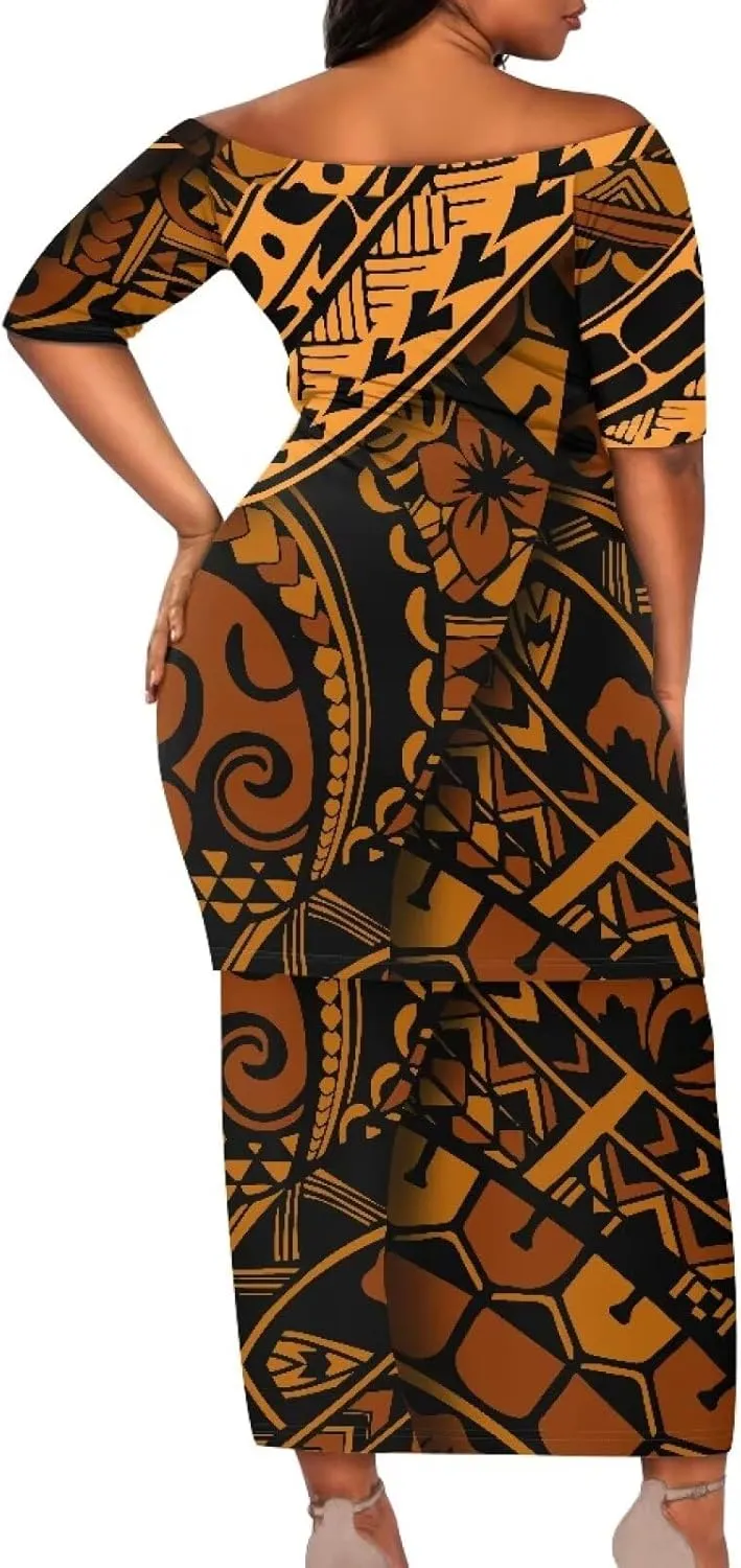 Women's Two Pieces Outfits Polynesian Puletasi Samoan Off Shoulder Crop Top and Maxi Skirt Set