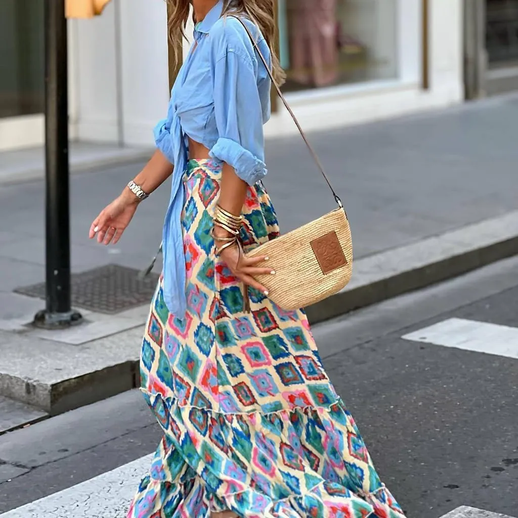 Women's Vintage Print Pleated A-Line High Waist Midi Skirt Ruffle Casual Boho Summer Beach Midi Skirts