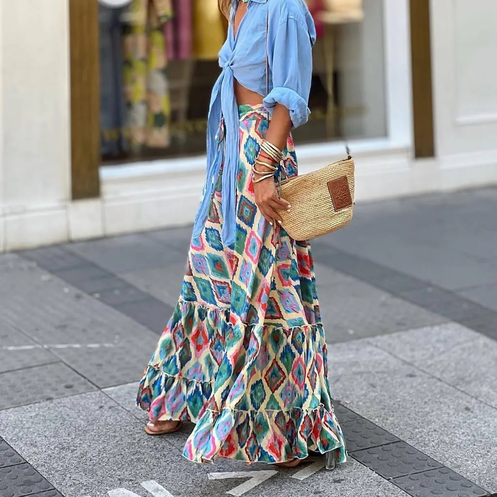 Women's Vintage Print Pleated A-Line High Waist Midi Skirt Ruffle Casual Boho Summer Beach Midi Skirts