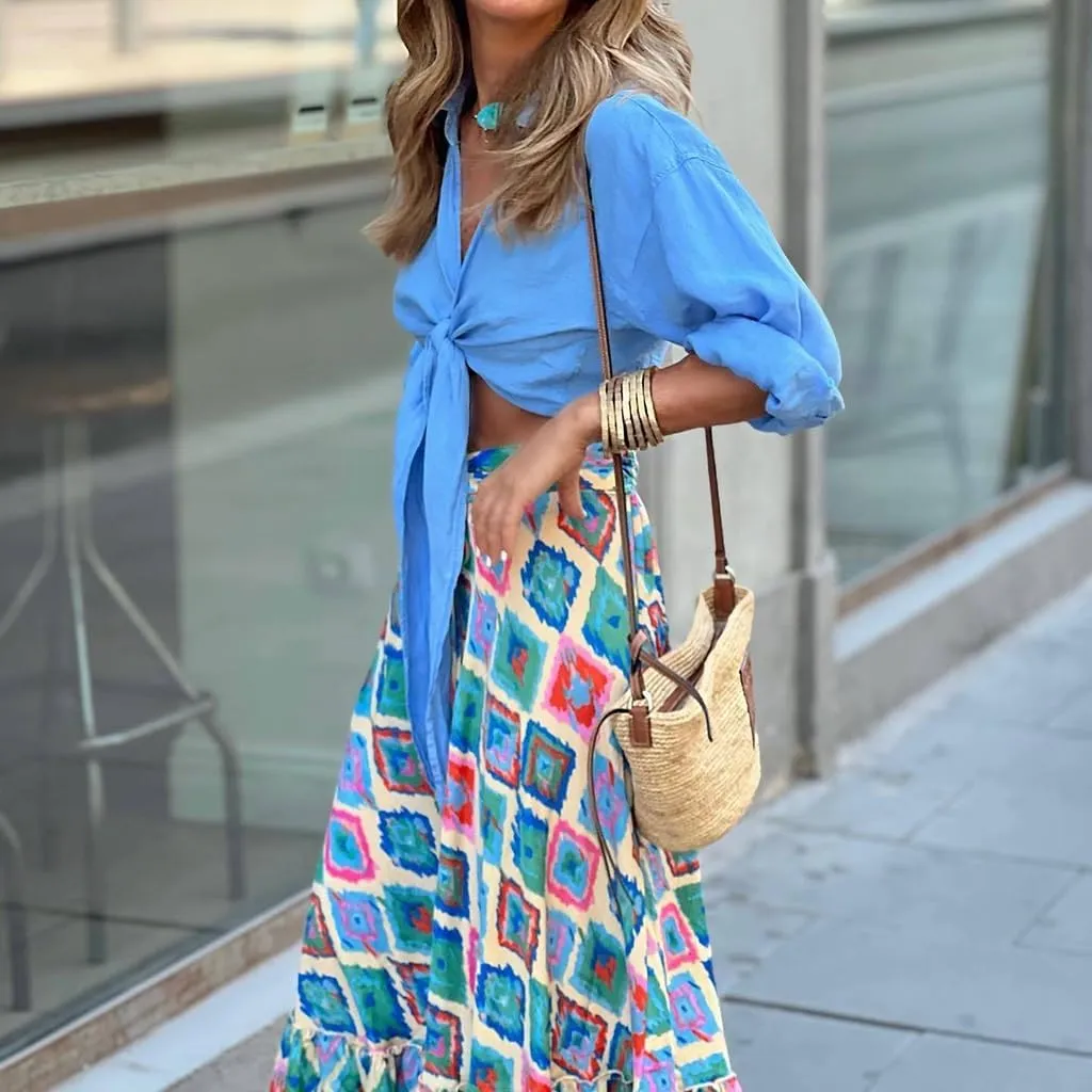 Women's Vintage Print Pleated A-Line High Waist Midi Skirt Ruffle Casual Boho Summer Beach Midi Skirts