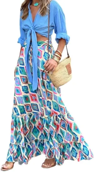Women's Vintage Print Pleated A-Line High Waist Midi Skirt Ruffle Casual Boho Summer Beach Midi Skirts