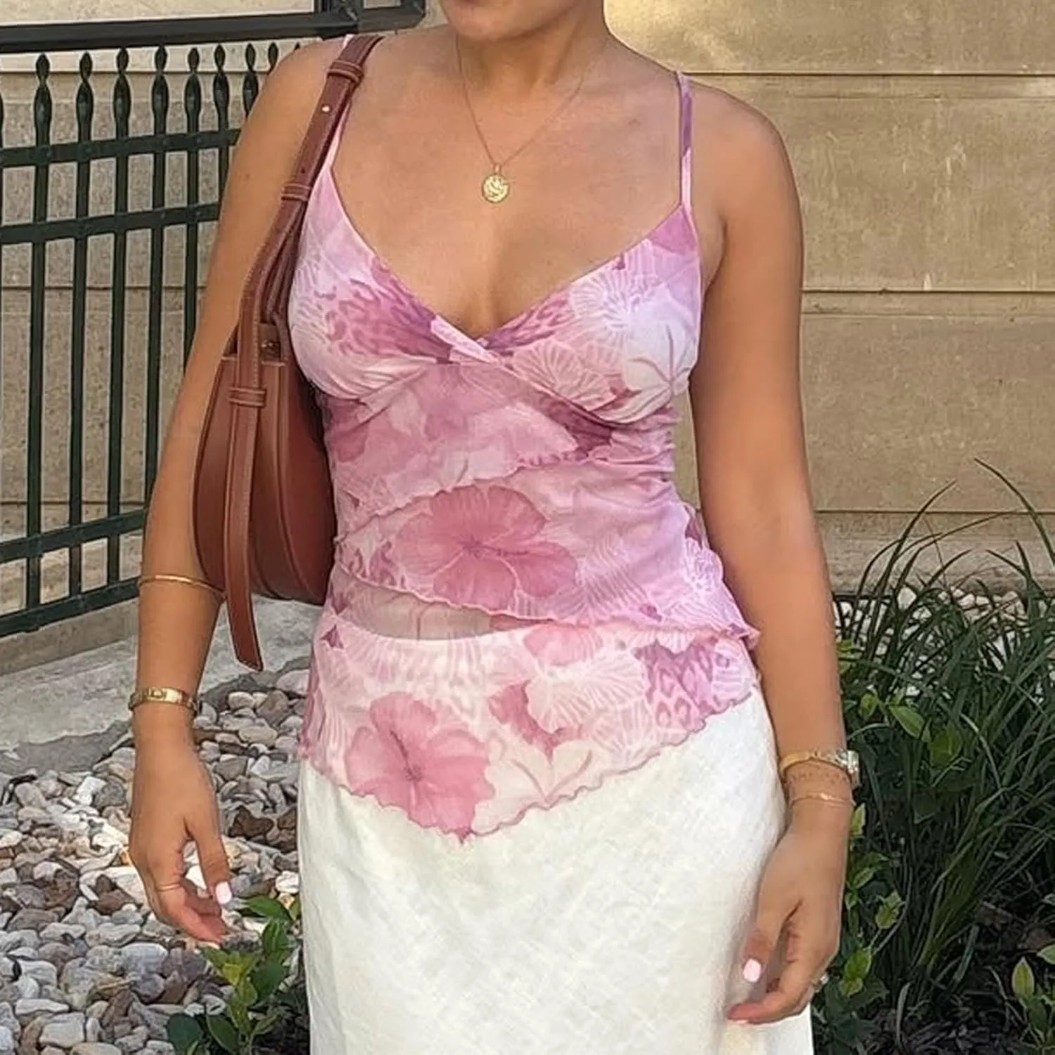 Women's Y2k Floral Cami Tops Sexy V Neck Wrap Irregular Hem Sleeveless Spaghetti Strap Tank Top