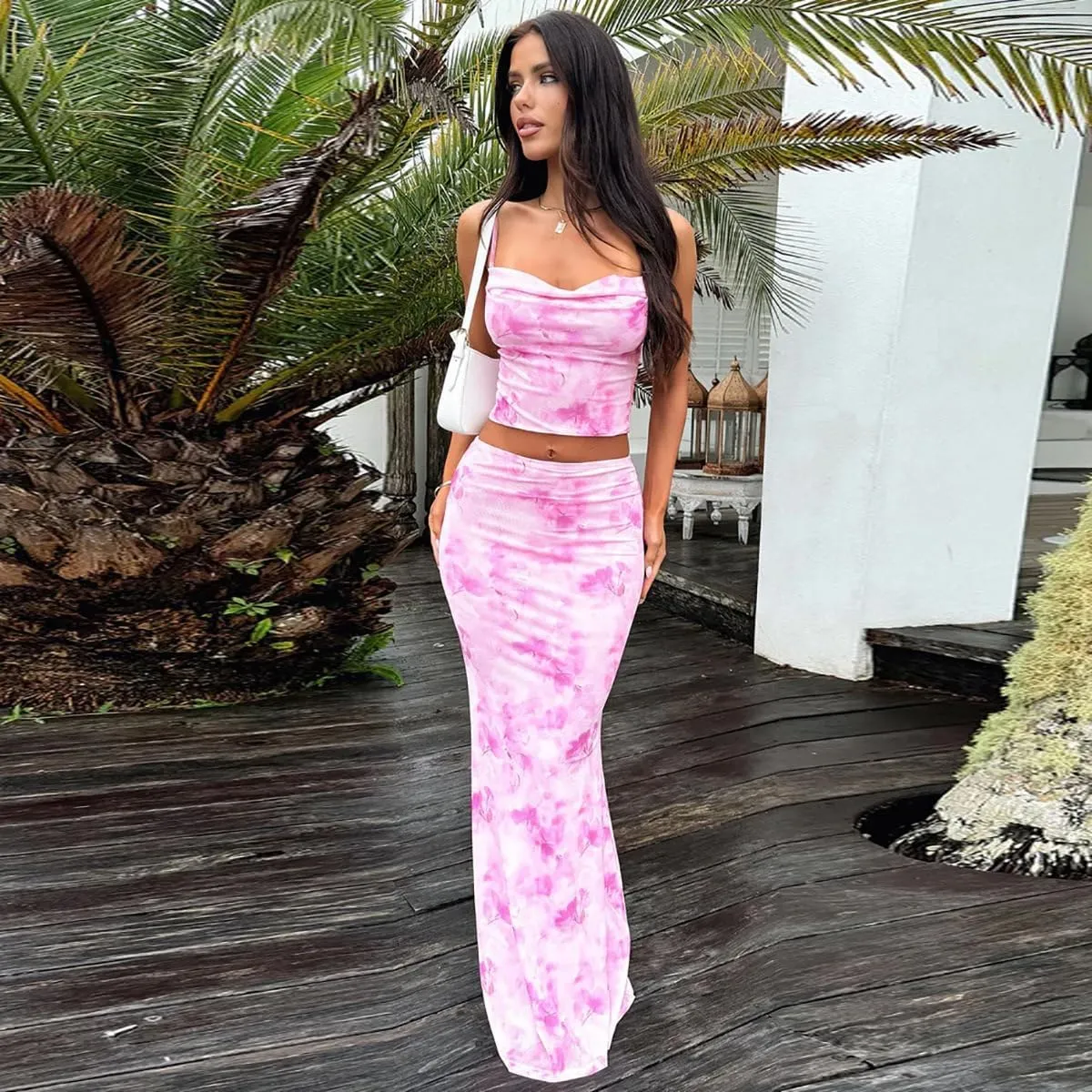 Wuitrie Two Piece Maxi Skirt Set Summer 2025 Floral Print Cropped Camisole Tops Wrap Maxi Skirts for Women Beach Outfit Sets