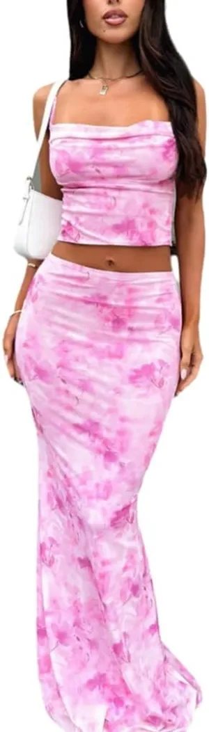 Wuitrie Two Piece Maxi Skirt Set Summer 2025 Floral Print Cropped Camisole Tops Wrap Maxi Skirts for Women Beach Outfit Sets