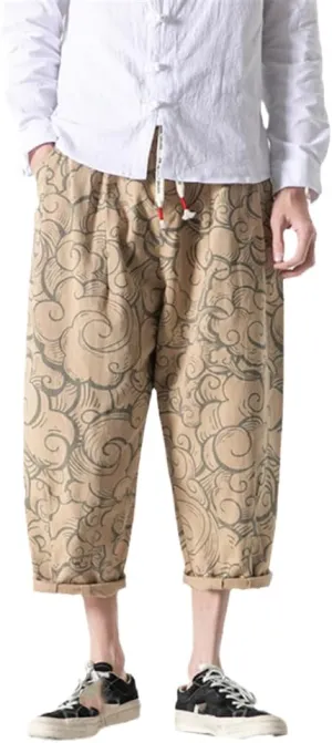 Xingfenly Chinese Pants Joggers Men' Summer Harem Men Print Short Style Calf-Length Casual Baggy Shorts