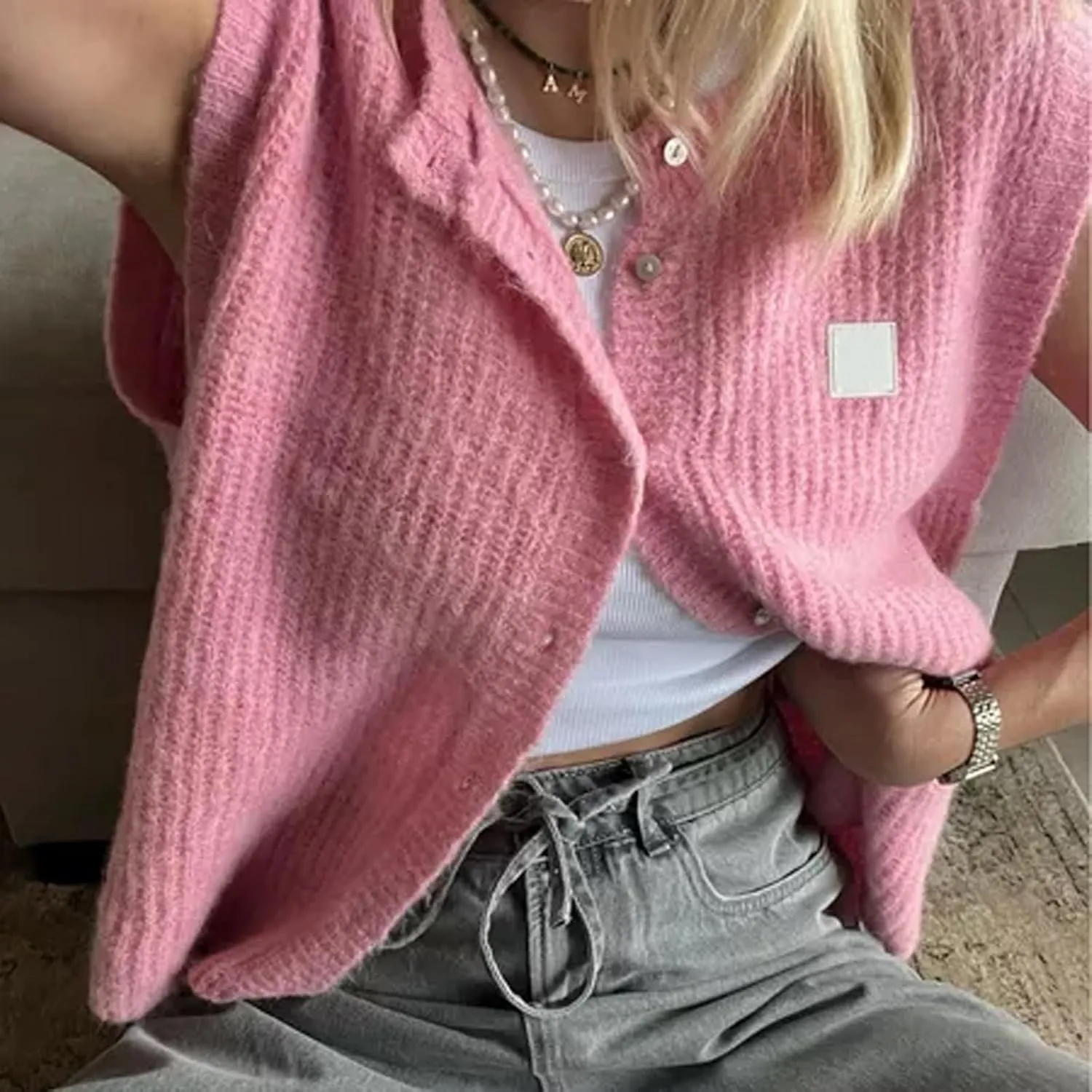 Y2k Girls Summer Knitted Vest Women Knitted Sweater Vest Sleeveless Button Down Ribbed Knit Cardigan Tank Top