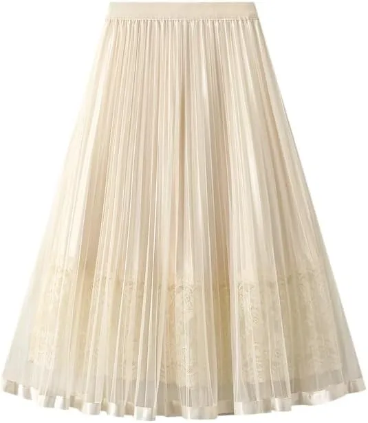 Yarn Skirt Half Length Skirt Women's New Pleated Skirt Spring and Autumn Midi Black Lace A-line Mesh Skirt Korean Skirt