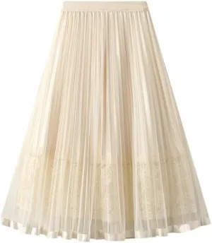 Yarn Skirt Half Length Skirt Women's New Pleated Skirt Spring and Autumn Midi Black Lace A-line Mesh Skirt Korean Skirt
