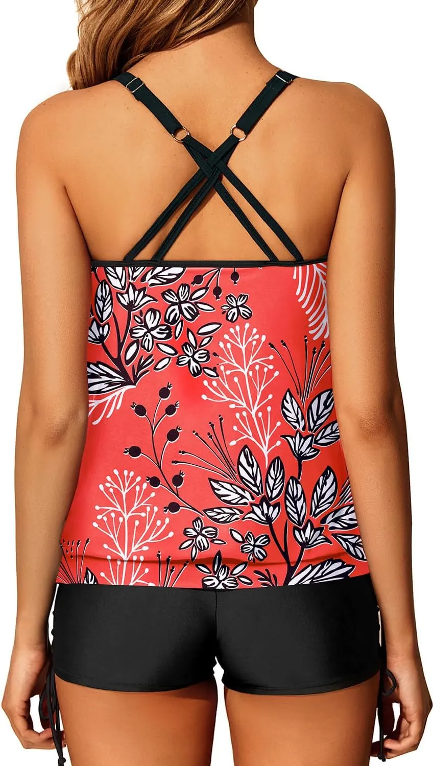 Yonique Womens Blouson Tankini Swimsuits Two Piece Strappy Bathing Suit Tops with Shorts Criss Cross Swimwear
