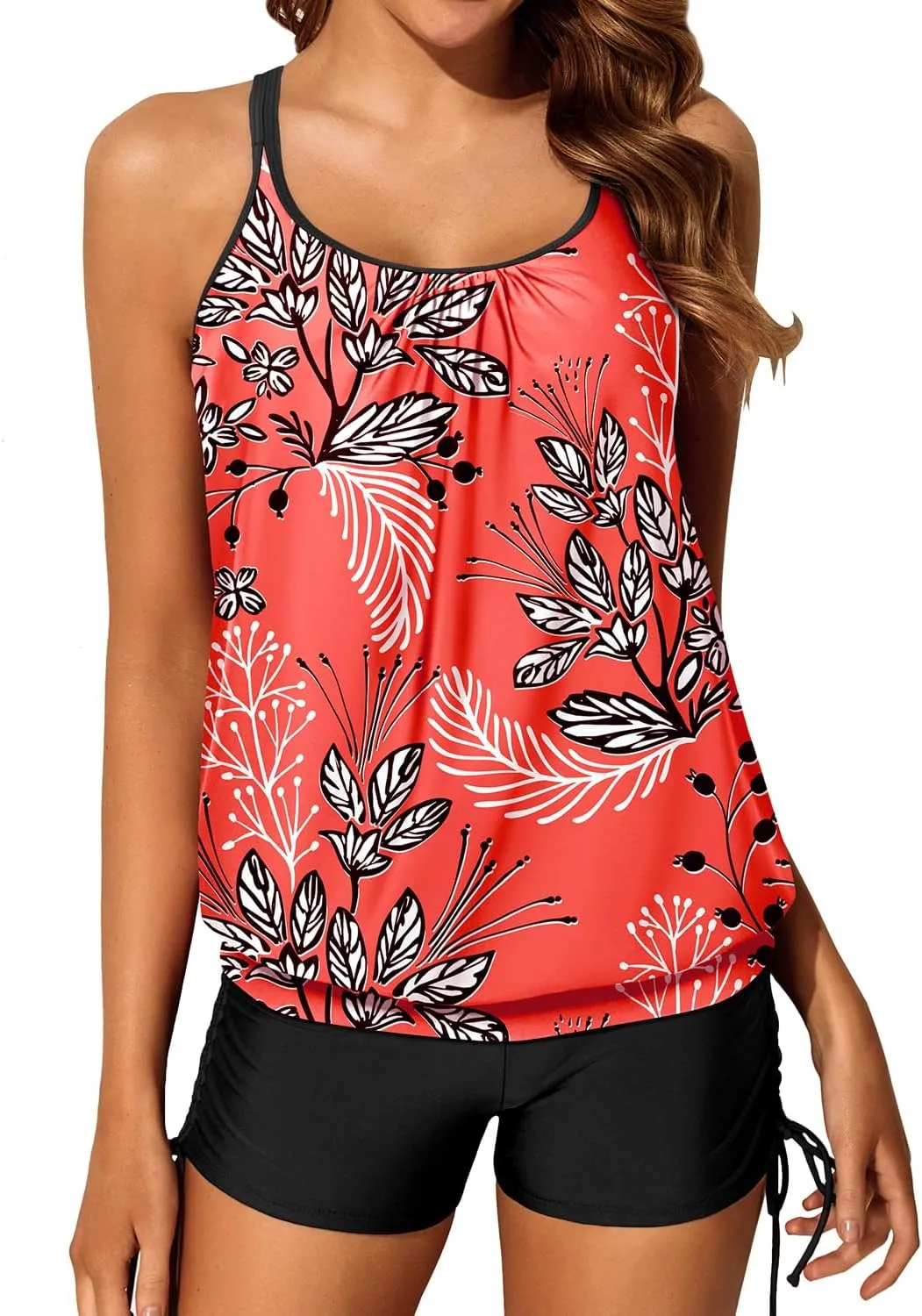 Yonique Womens Blouson Tankini Swimsuits Two Piece Strappy Bathing Suit Tops with Shorts Criss Cross Swimwear