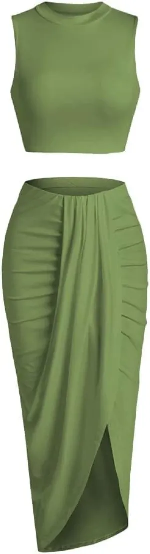 ZAFUL Women's Casual Sleeveless Summer Two Piece Outfits Crop Top and Side Split Draped Ruched Maxi Skirt Set Solid Suiting