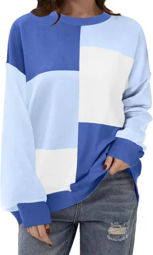Zeagoo Womens Striped Oversized Sweater 2024 Crew Neck Long Sleeve Knitted Color Block Casual Loose Pullover Top
