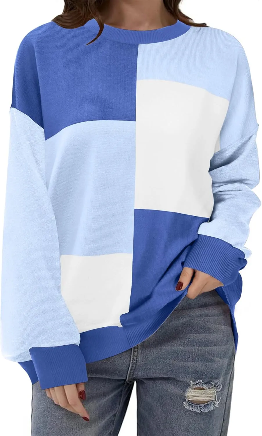 Zeagoo Womens Striped Oversized Sweater 2024 Crew Neck Long Sleeve Knitted Color Block Casual Loose Pullover Top