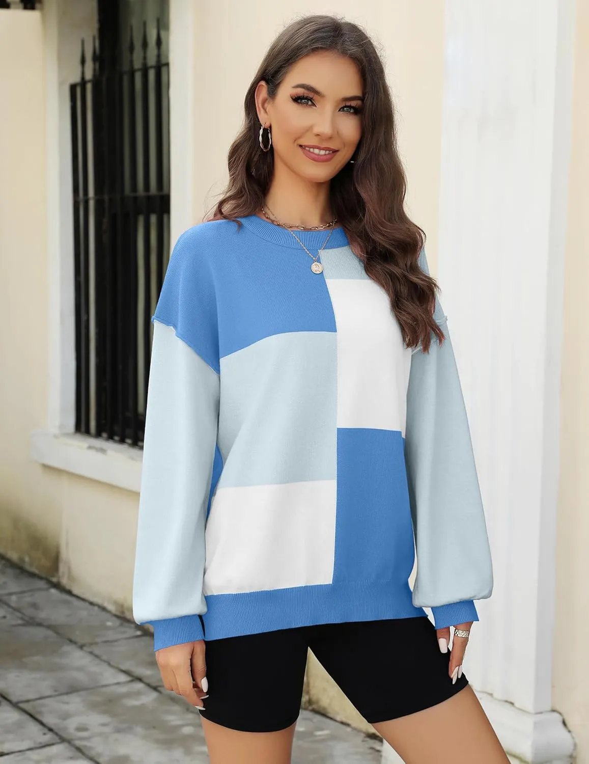 Zeagoo Womens Striped Oversized Sweater 2024 Crew Neck Long Sleeve Knitted Color Block Casual Loose Pullover Top
