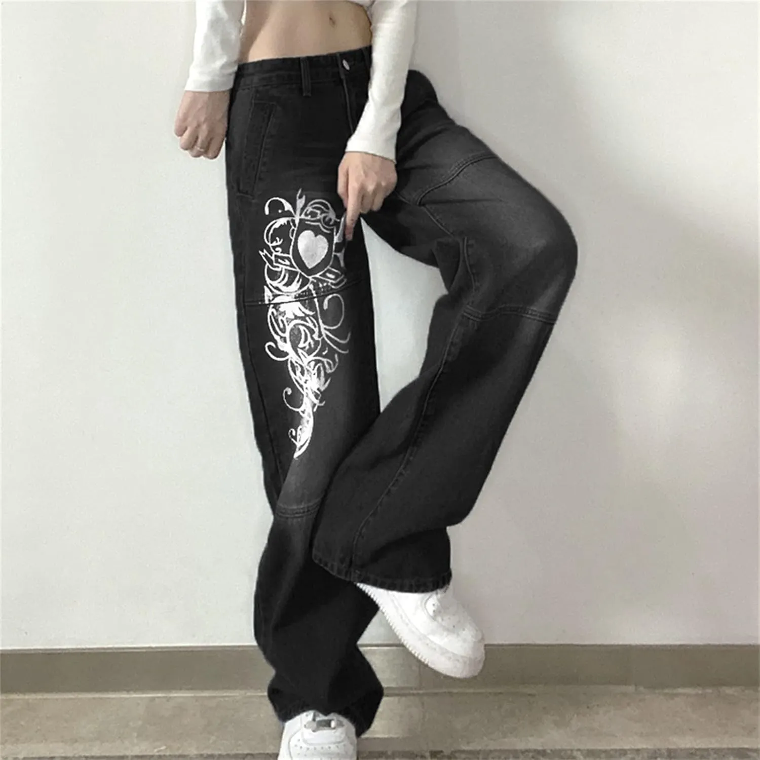 Zempertoopa Womens Y2K Baggy Jeans Wide Leg Straight Grunge Denim Pants High Waist Casual Loose Cargoes Trouser Streetwear
