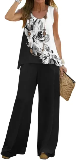 ZOCANIA Summer Cotton Linen 2 Piece Outfits Sets for Women Sleeveless Round Neck Tank Top and Long Pant Suits